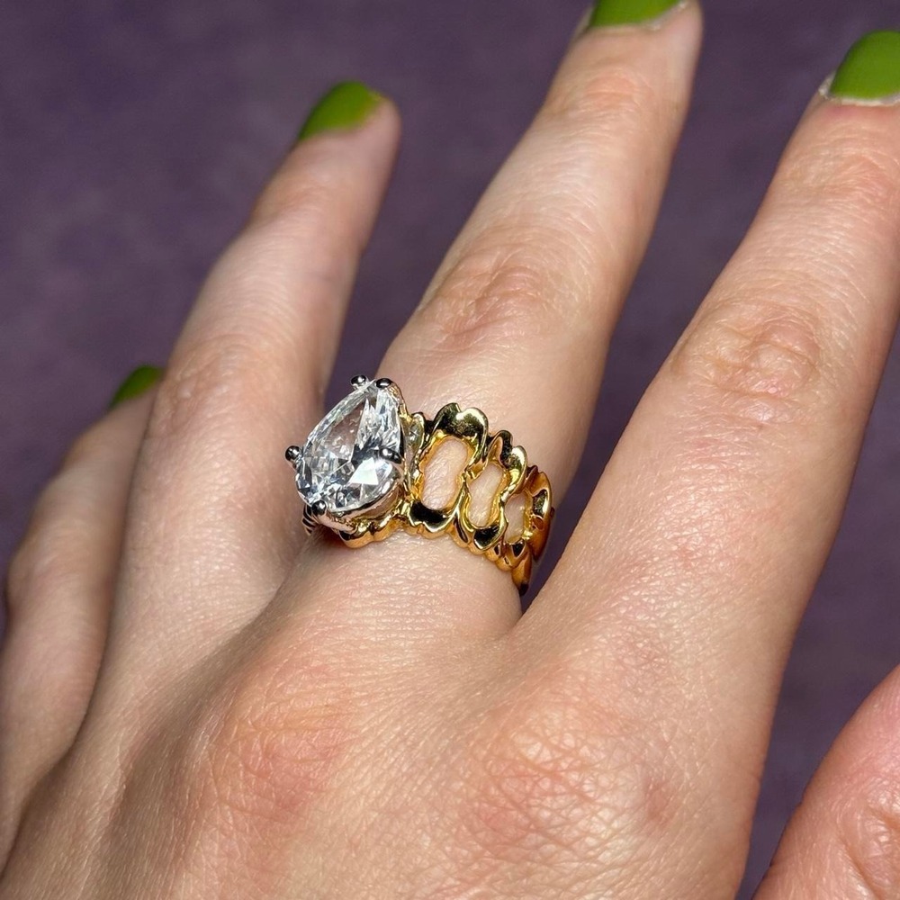 Gold Tone Pear CZ Statement Ring Size 8 Glam